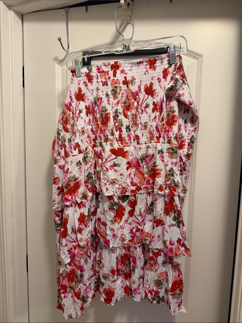 Floral Tiered Sleeveless Dress- White with Red & Pink Floral